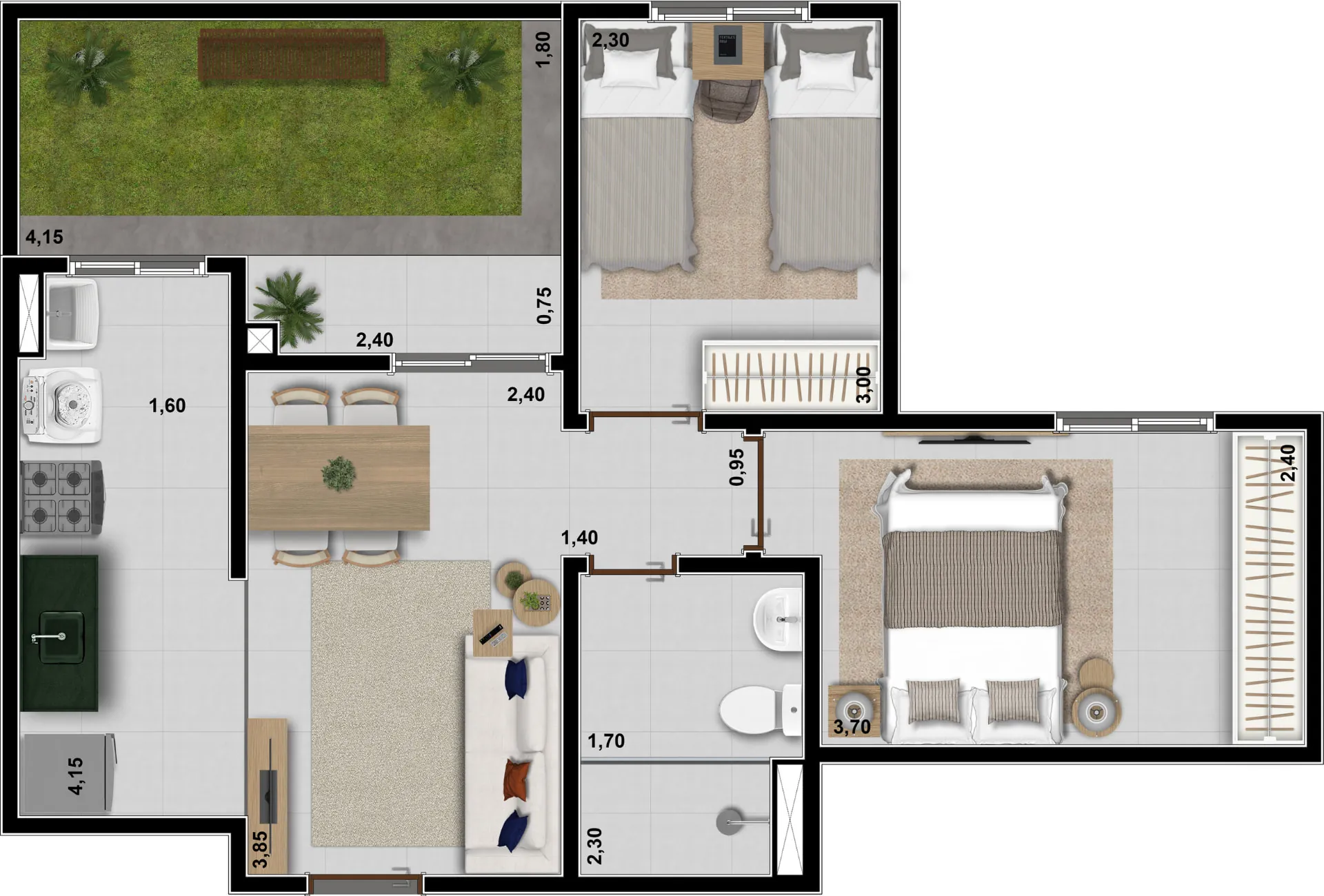 Planta do Planta Tipo 03 com Garden — até 57,01 m² no Altiz Residencial, Taubaté-SP — Térreo com jardim privativo
