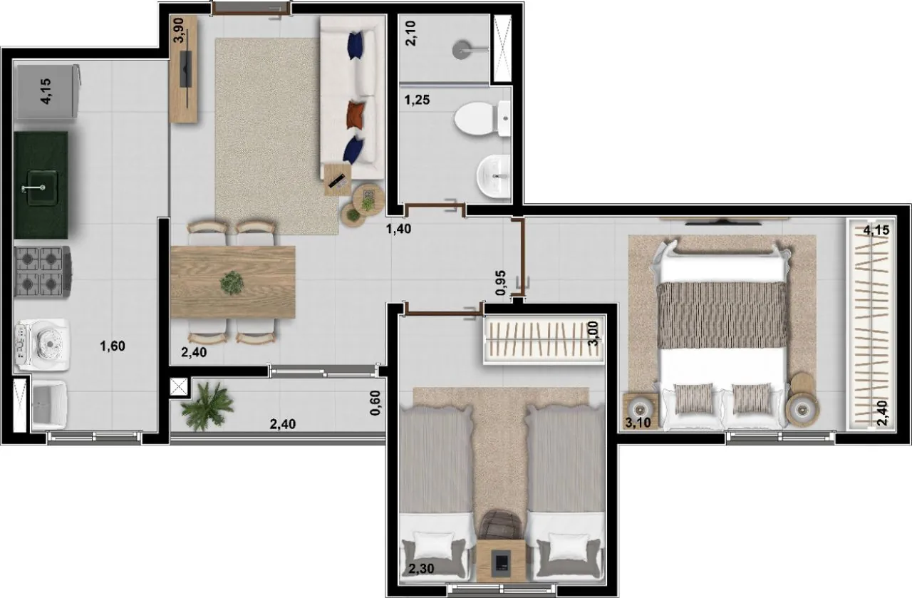Planta do Planta Tipo 02 — 45,75 m² no Altiz Residencial, Taubaté-SP — 2 dormitórios com varanda