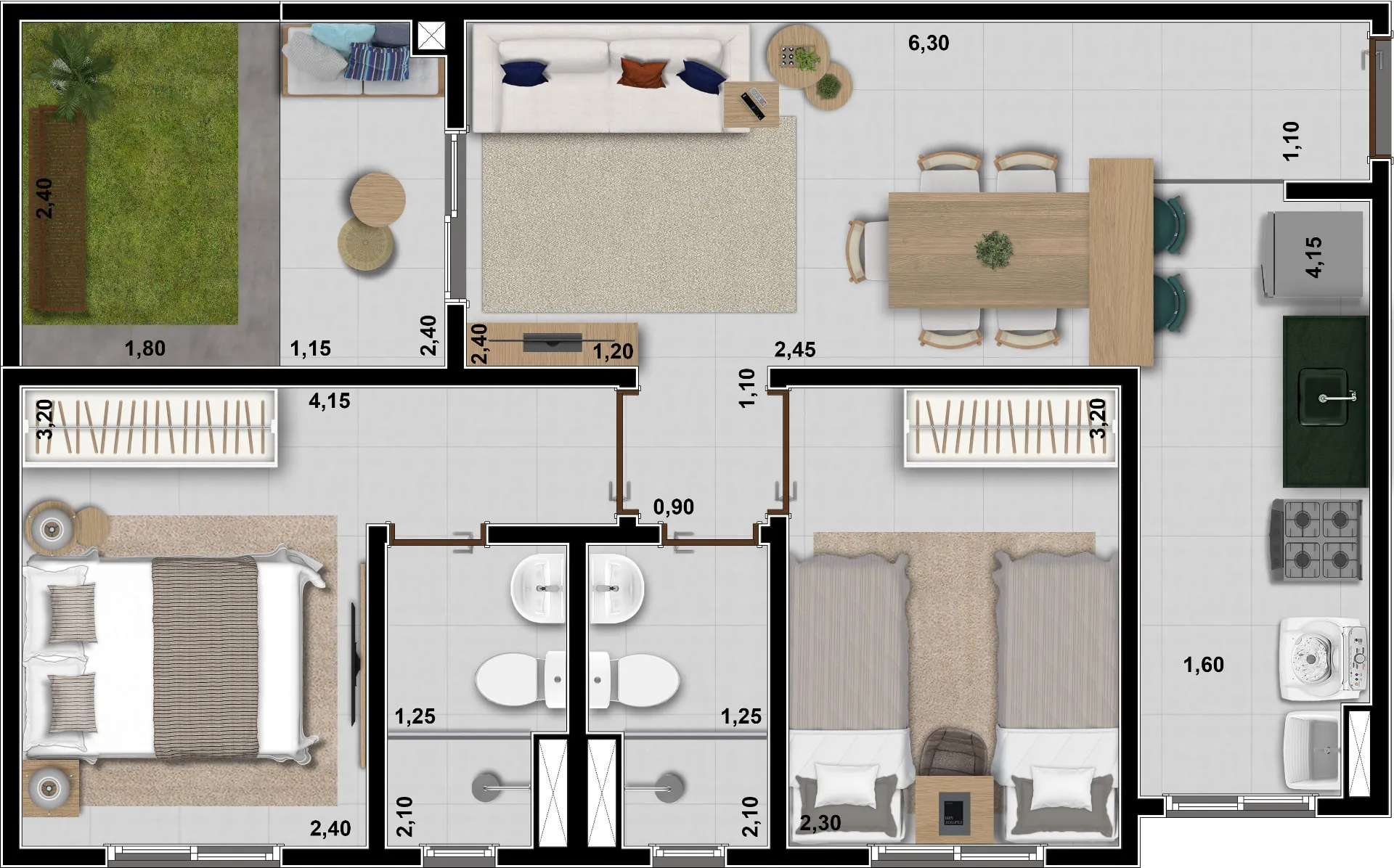 Planta do Planta Tipo 01 com Garden de 4,83 m² no Altiz Residencial, Taubaté-SP — Térreo com suíte, varanda e jardim privativo
