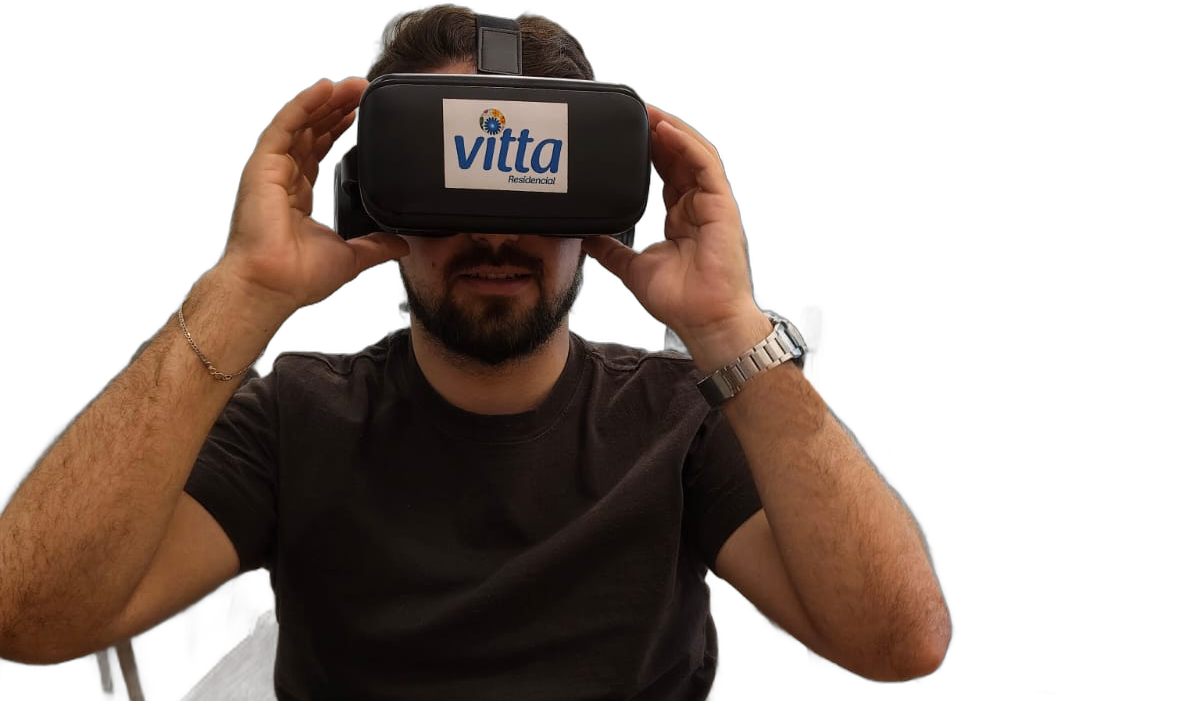 Pessoa usando óculos de realidade virtual da Vitta para explorar o tour 3D do Altiz