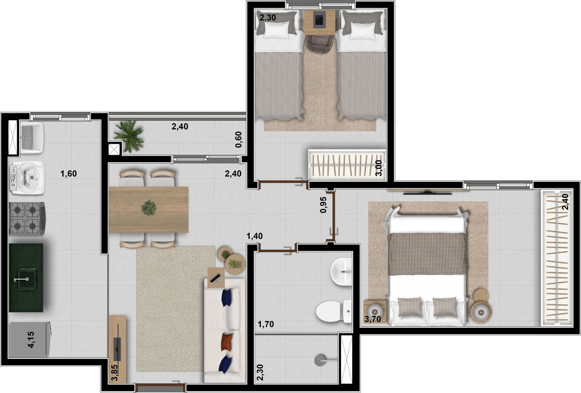 Planta do Planta Tipo 03 — 43,56 m² no Altiz Residencial, Taubaté-SP — 2 dormitórios com varanda