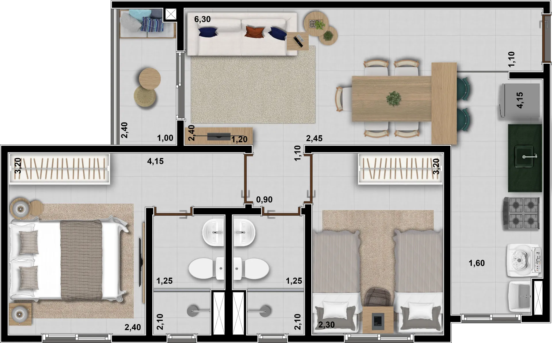 Planta do Planta Tipo 01 — 52,18 m² no Altiz Residencial, Taubaté-SP — 2 dormitórios, sendo 1 suíte, com varanda